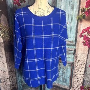 Max Studio blue and white plaid sweater,‎ size large, good condition